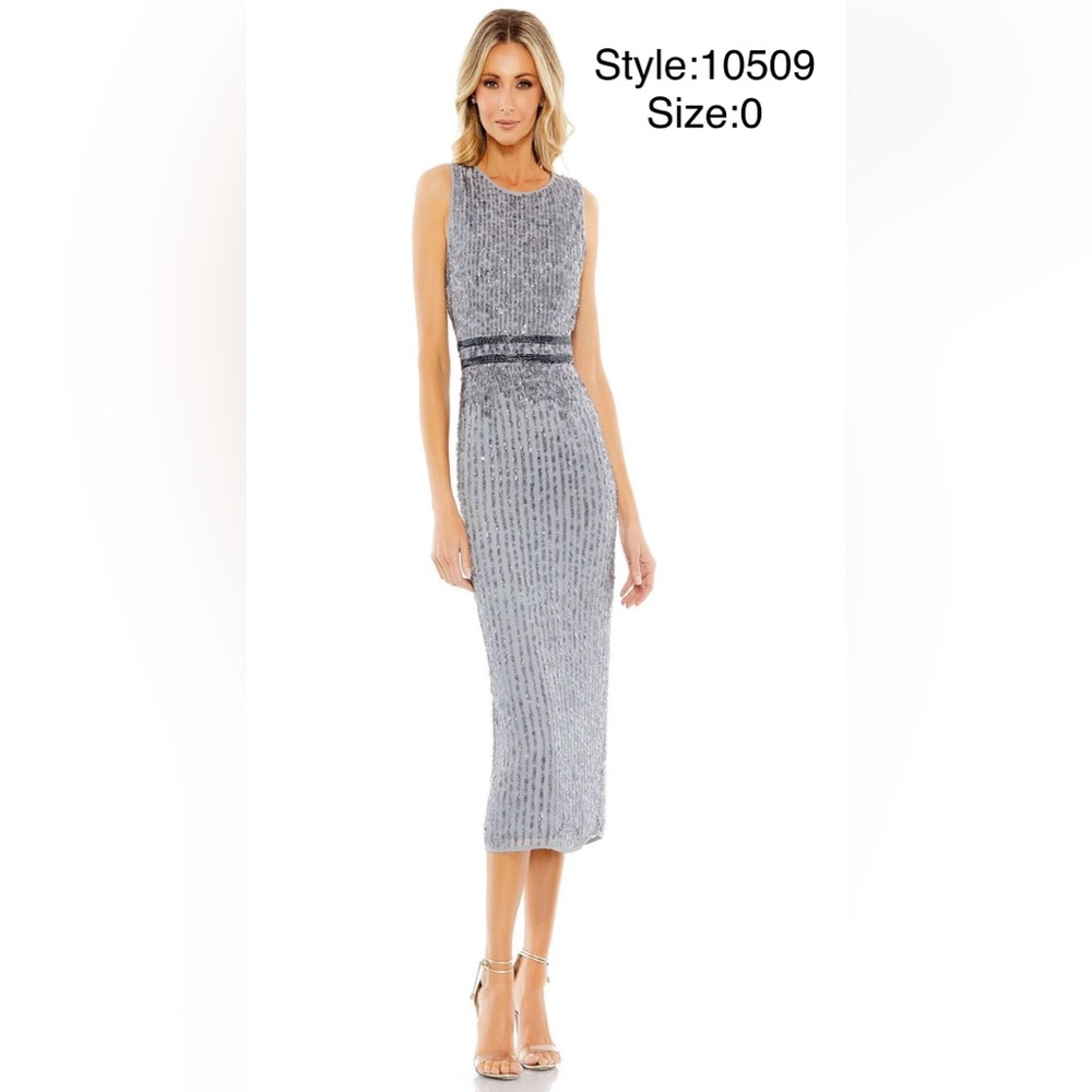 Sleeveless high neck beaded midi sheath dress